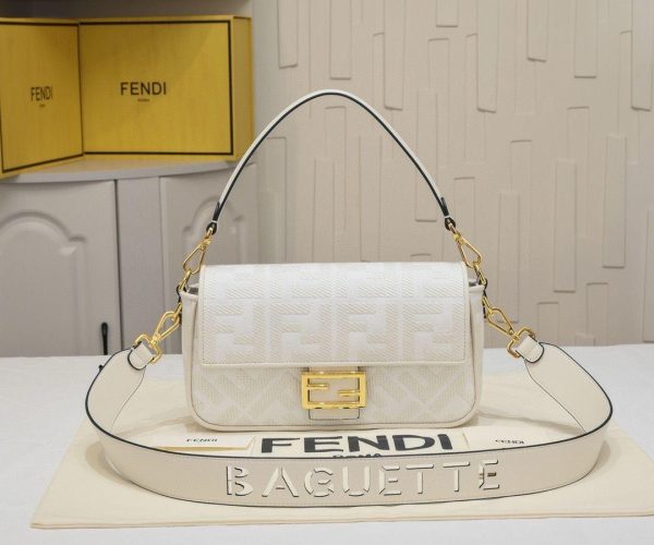 Fendi Canvas Vitello King Extra Strap FF Embroidered Baguette in White 28*6.5*13.5 CM (Next to Original)