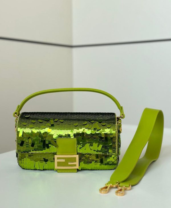 FENDI Sequin Paillettes Vitello Baguette Wasabi in Green 27 CM (Mirror Quality)
