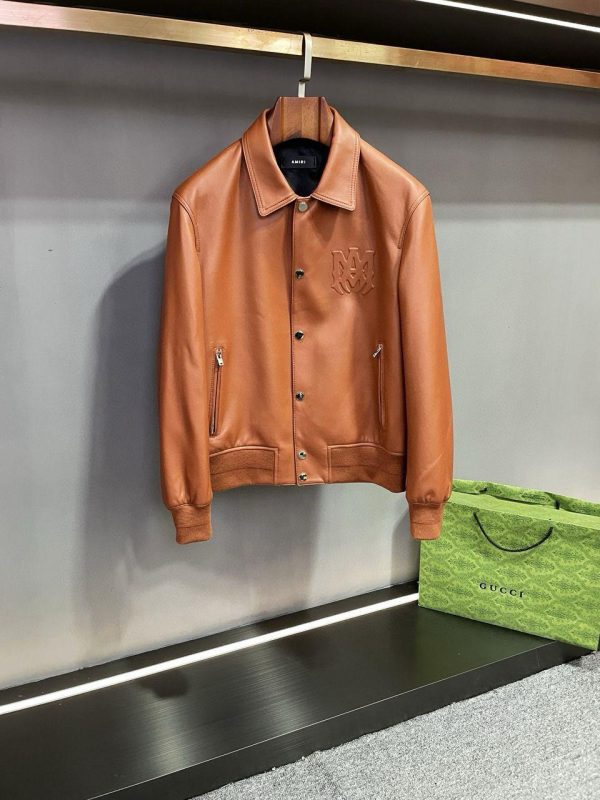 Amiri Logo-Embossed Leather Jacket in Brown (Mirror Quality)