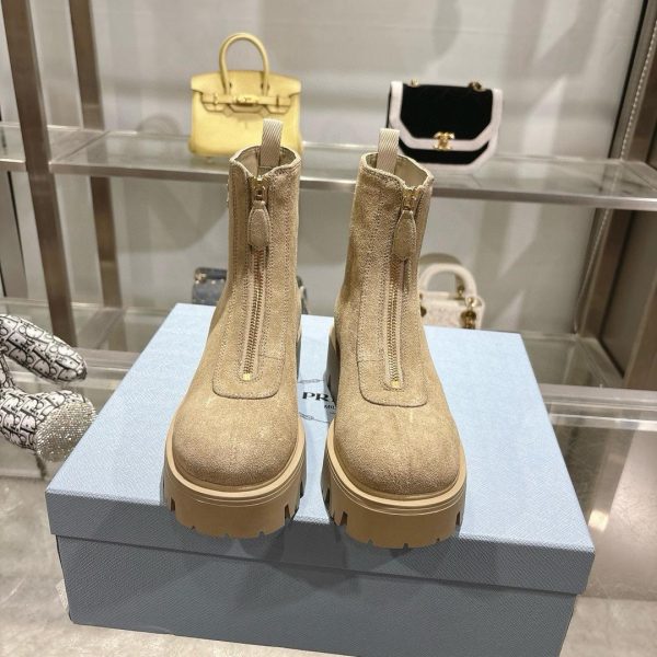 Prada Suede Booties with Zip in Beige Color