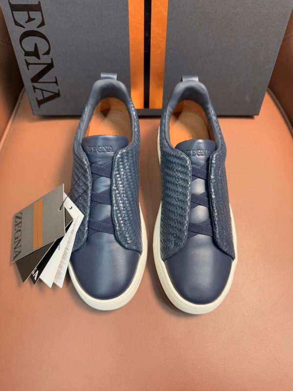 Zegna Triple Stitch Pelle Tessuta Leather Slip-on Sneakers in Blue for Men